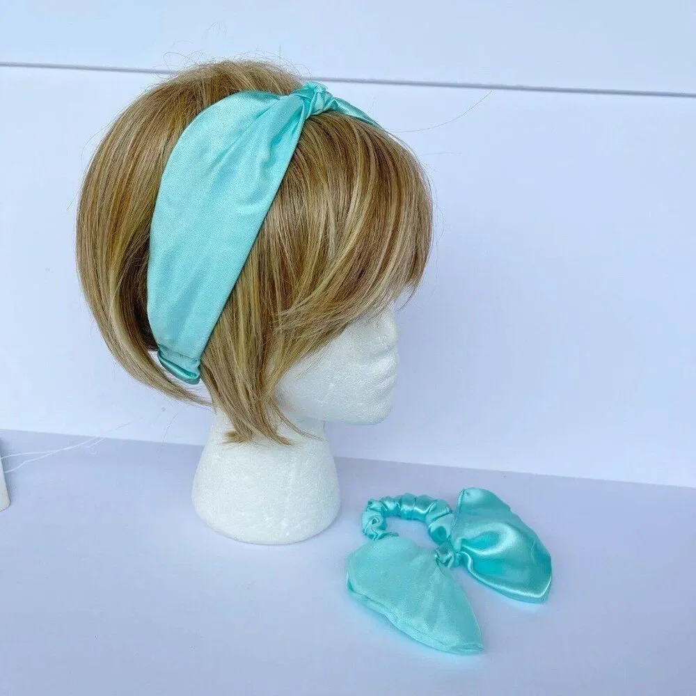 2 New Stin Women Girls Bow Headband Hair Tie Blue Satin